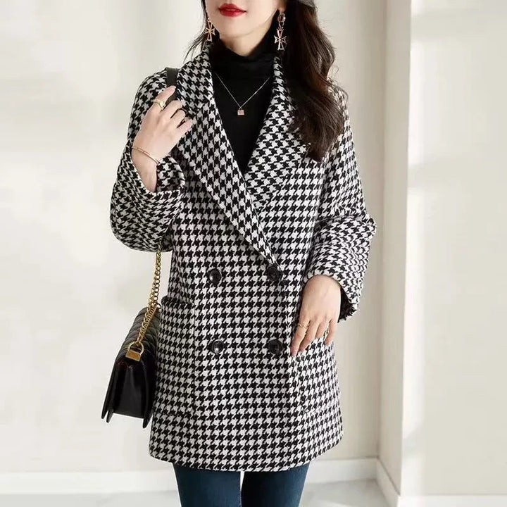 Winter Houndstooth Blazer Coat Women Double Breasted Wool Look