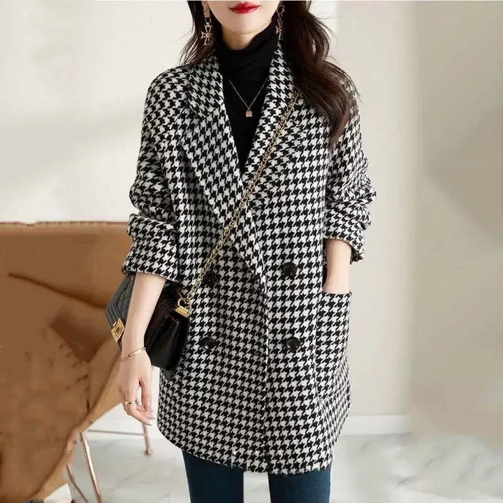 Winter Houndstooth Blazer Coat Women Double Breasted Wool Look