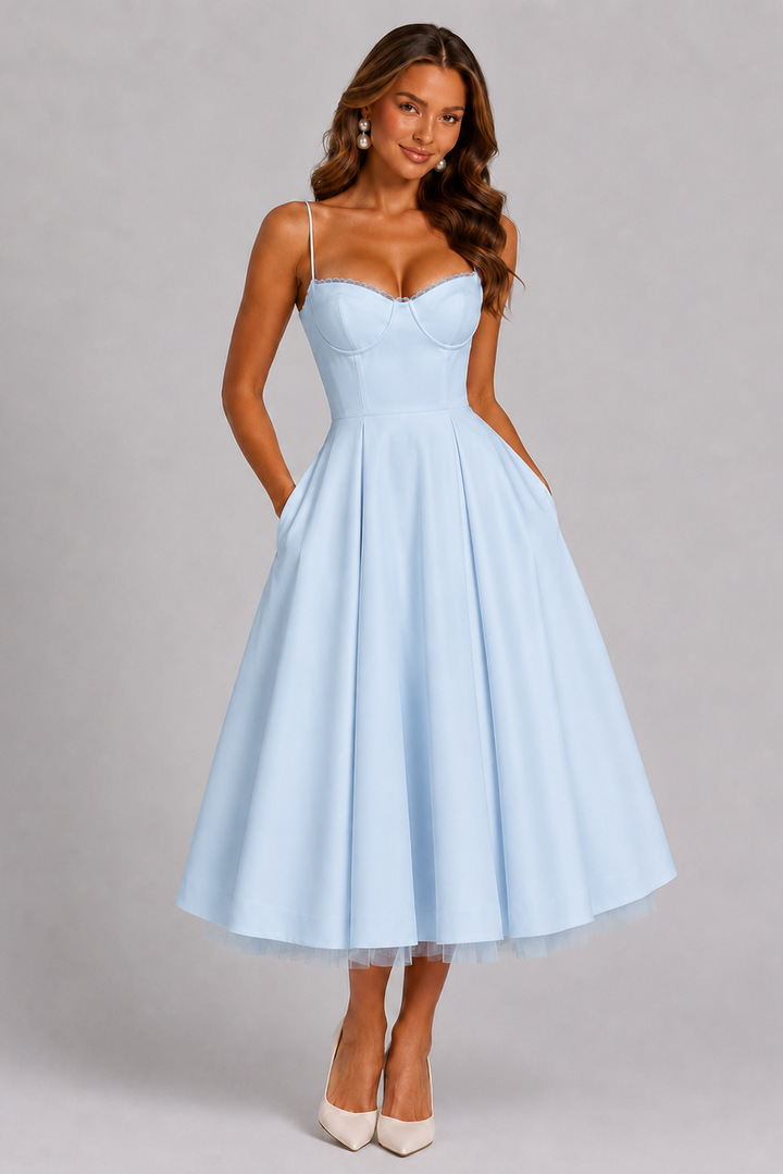 Seraphina's | Corset Spaghetti Strap Midi Wedding Guest Dress