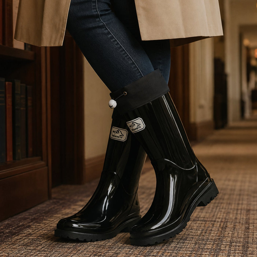 Women's Glossy Drawstring Knee-High Rain Boots