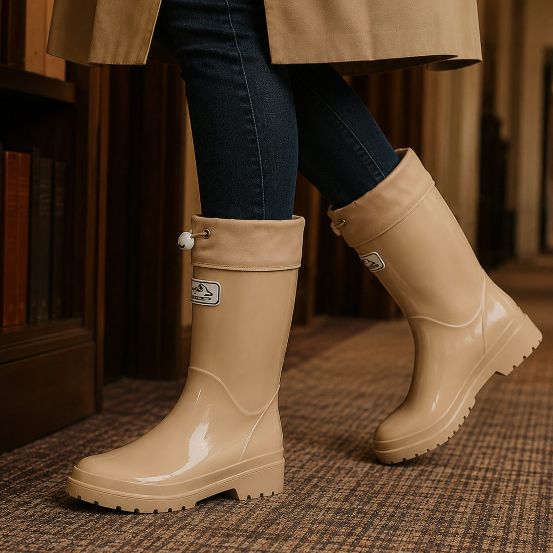 Women's Glossy Drawstring Knee-High Rain Boots