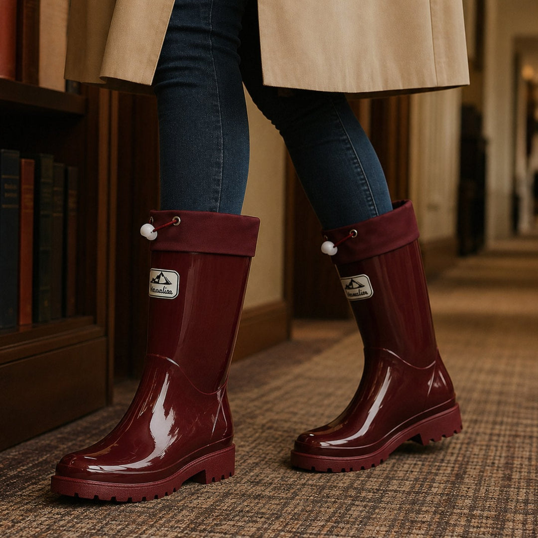 Women's Glossy Drawstring Knee-High Rain Boots