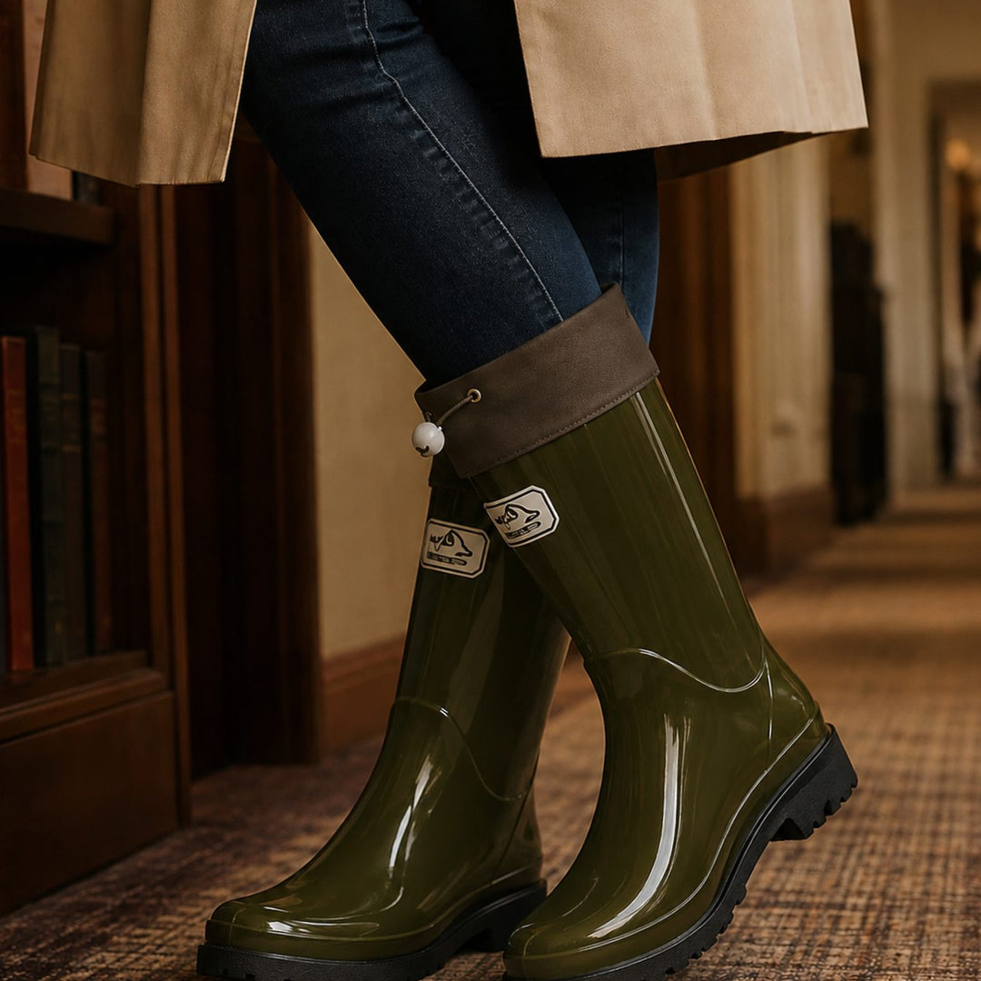 Women's Glossy Drawstring Knee-High Rain Boots