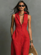 Penelope | Women's Sleeveless Collared Linen Button-Front Maxi Dress