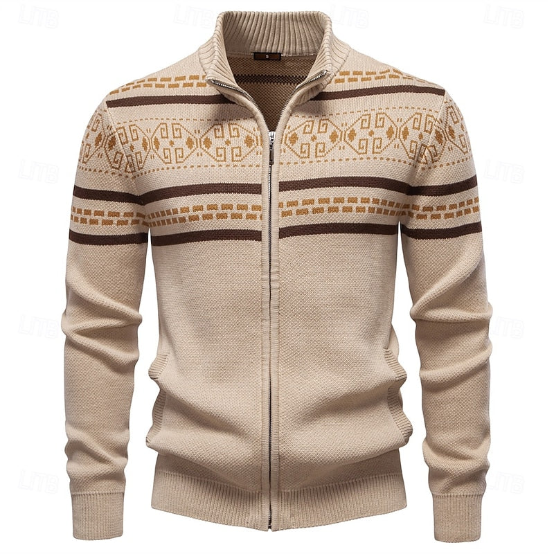 Men's Fair Isle Full-Zip Christmas Cardigan with Stand Collar