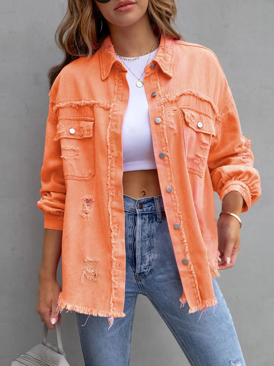 Women’s Distressed Denim Overshirt for Casual Layering