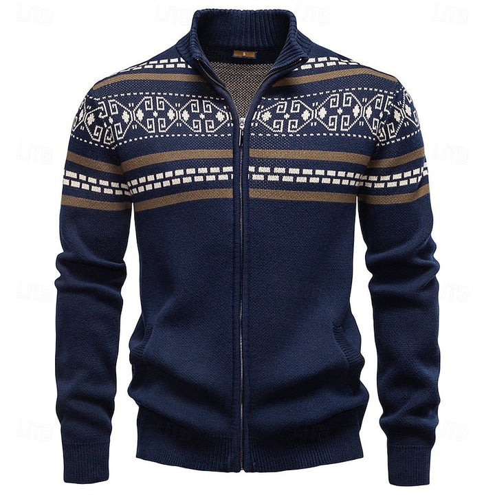 Men's Fair Isle Full-Zip Christmas Cardigan with Stand Collar